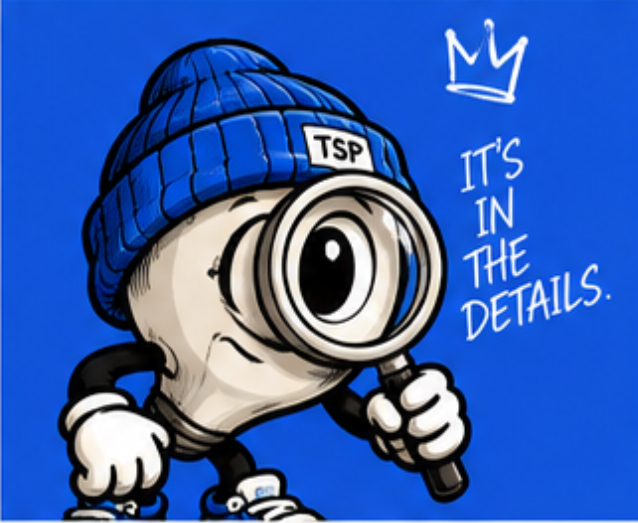 The Small Print mascot with a magnifying glass — it's in the details