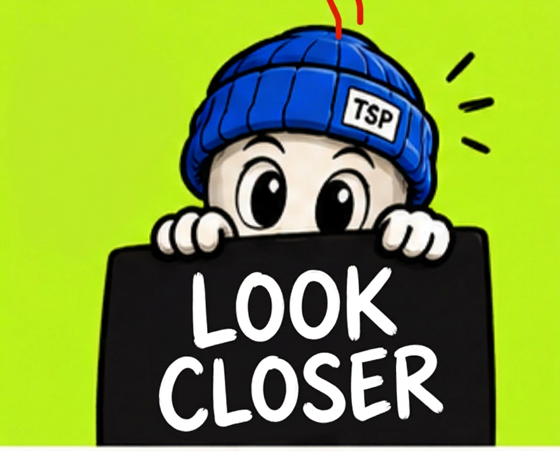 The Small Print mascot peeking over a sign that says look closer
